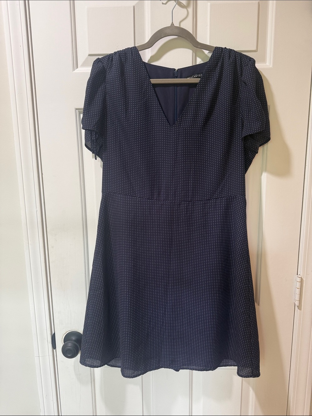 J. Crew Navy and White Dot V-Neck Short Dress